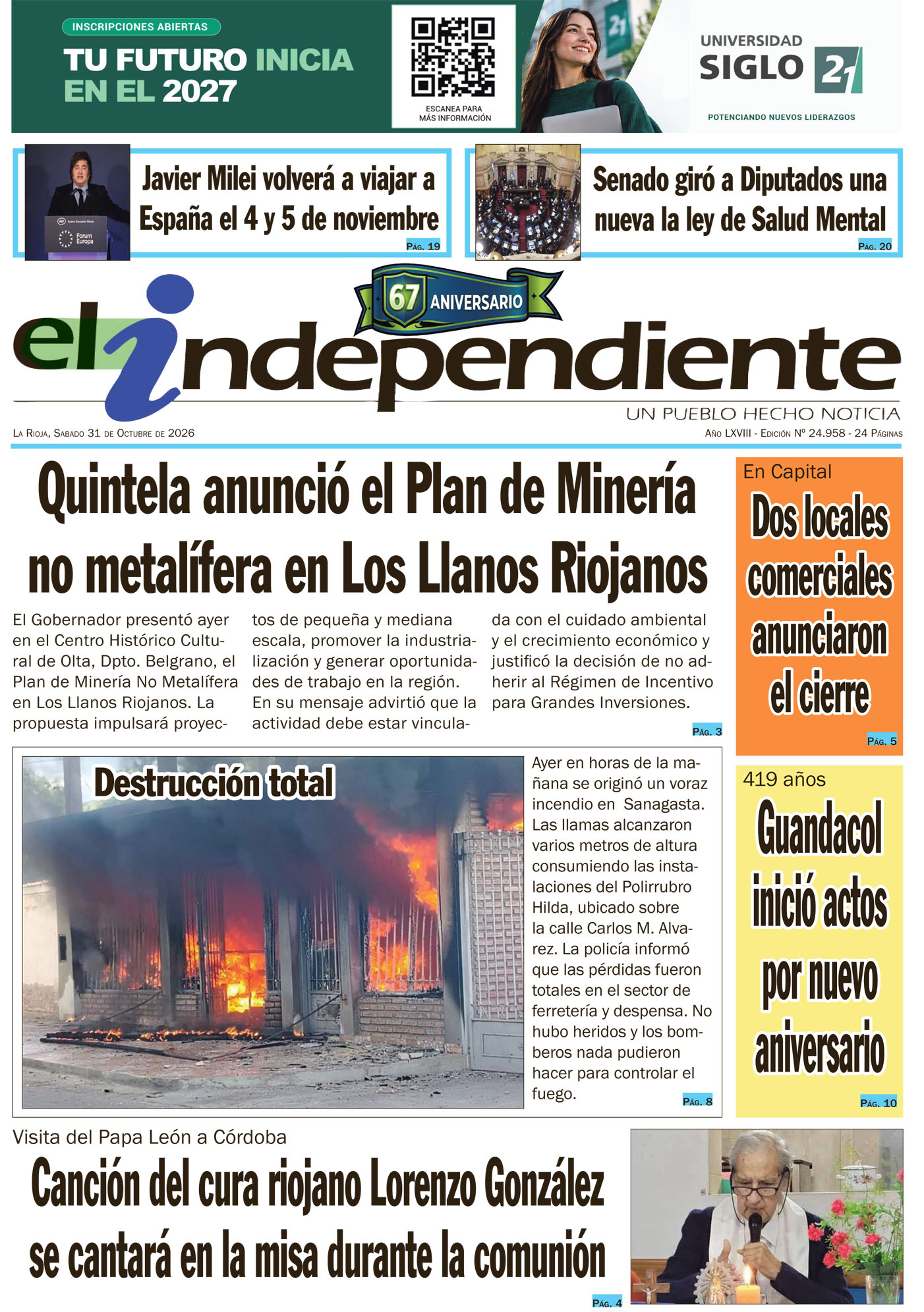 Tapa del diario El Independiente del 31/10/2026